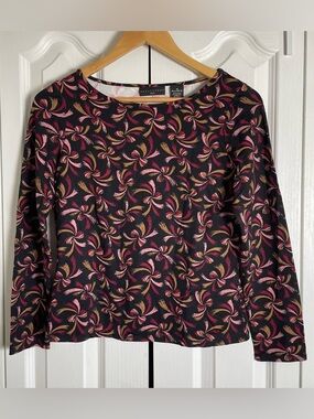 Apostrophe Ribbon Bow Print Top Women’s M Petite Black Gold Pink Long Sleeve